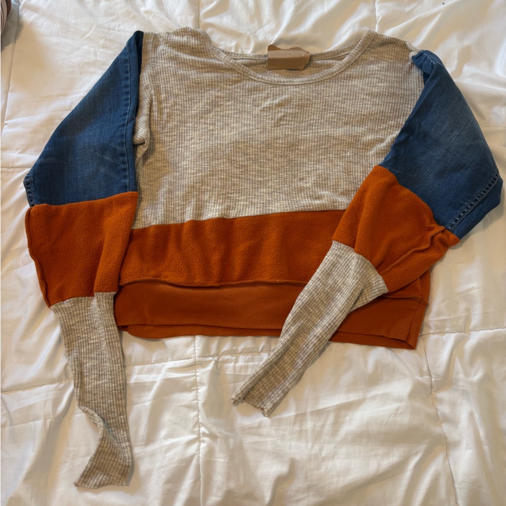 Custom-made/ reworked color blocked Sweater with denim sleeves